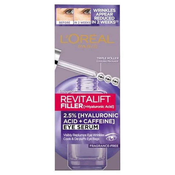 Loreal Paris 2.5 % Hyaluronic Acid
And Caffeine Eye Serum 20ml