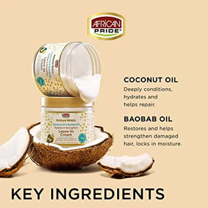 African Pride Moisture Miracle Coconut Oil & Baobab 
 Oil Hydrate & Strengthen Leave In Cream