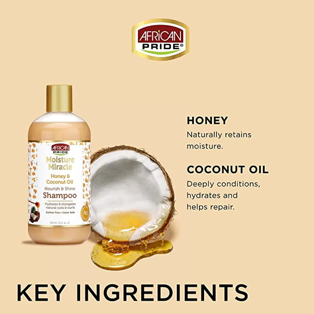 African Pride Moisture Miracle Honey & Coconut 
 Nourish & Shine Shampoo 354Ml