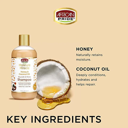 African Pride Moisture Miracle Honey & Coconut 
 Nourish & Shine Shampoo 354Ml